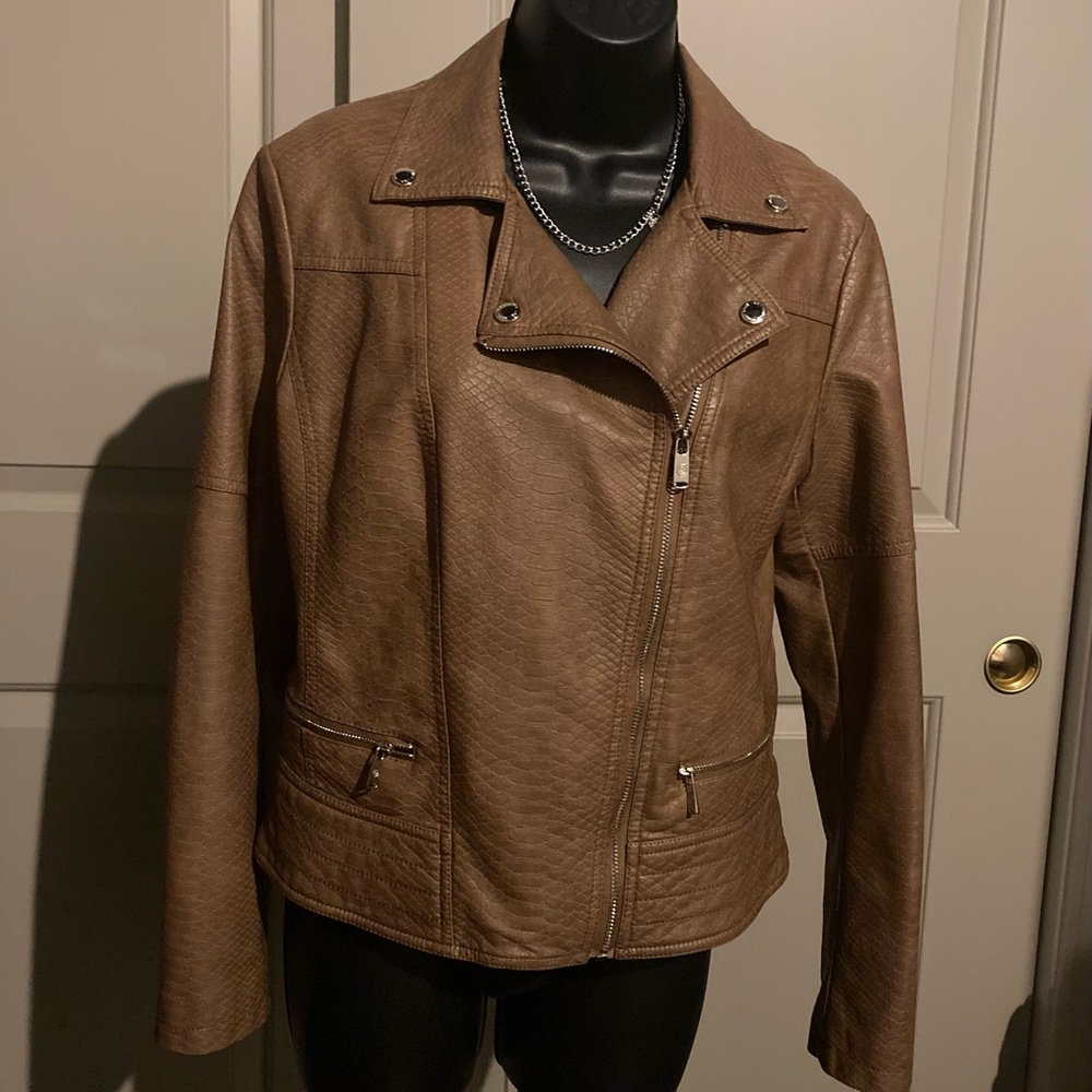 Tan Faux Leather Motorcycle Jacket Asymmetrical Design
